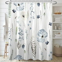 Floral Shower Curtain Set,Blue Beige Poppy Flowers Shower Curtains for Bathroom,Watercolor Lush Botanical Waterproof Fabric Bath Curtain with 12 Hooks 72x72in