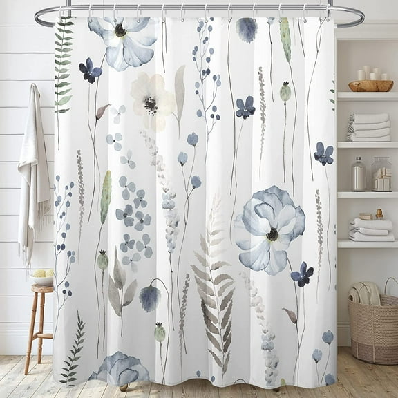 Floral Shower Curtain Set,Blue Beige Poppy Flowers Shower Curtains for Bathroom,Watercolor Lush Botanical Waterproof Fabric Bath Curtain with 12 Hooks 72x72in