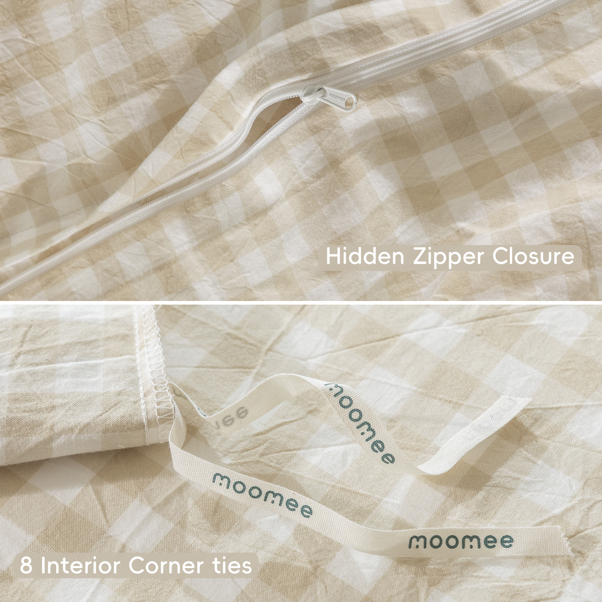 MooMee Gingham Duvet Cover Set King 100% Washed Cotton Linen Like Textured Breathable Lightweight 3-Piece (Almond Milk Grey, 104"x90")