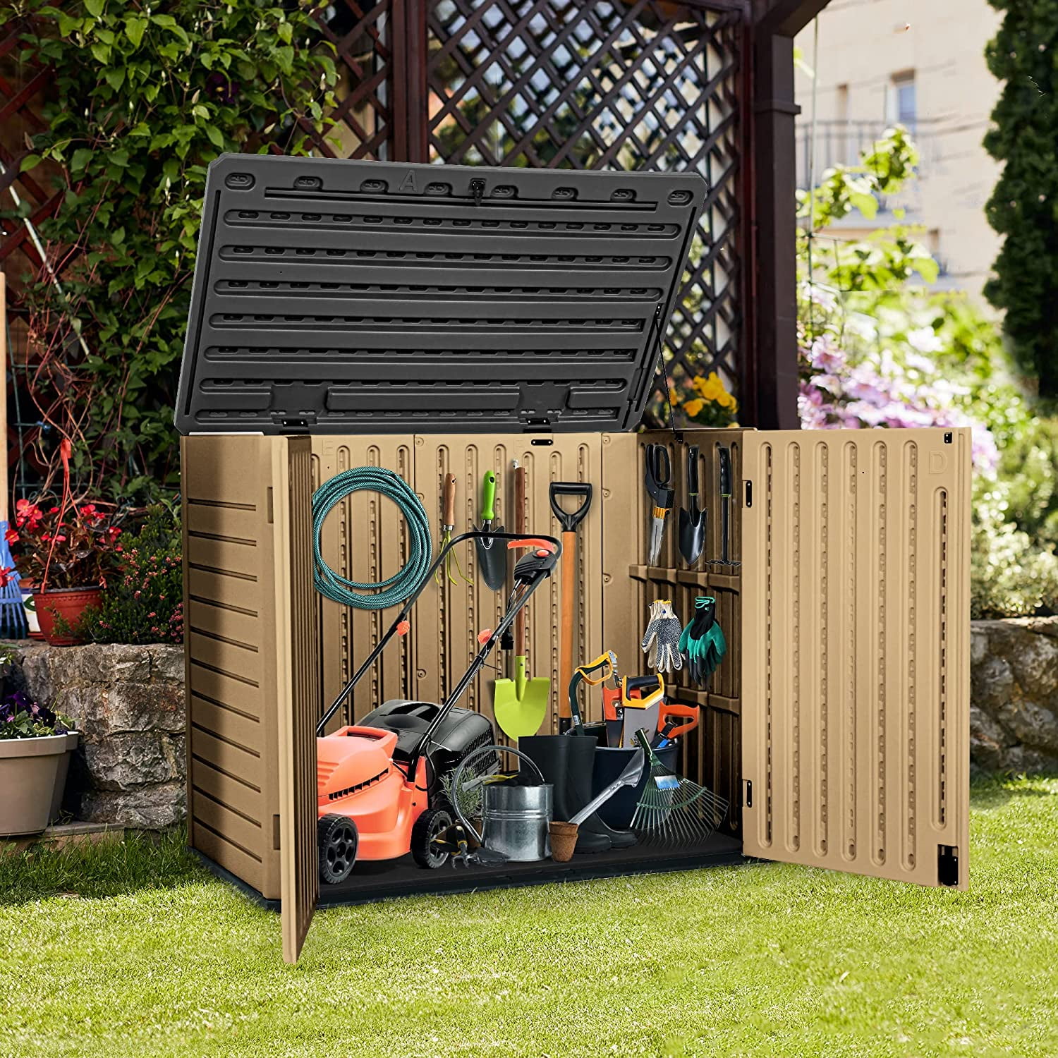 DWVO Outdoor Horizontal Storage Sheds, Weather Resistant Resin Tool