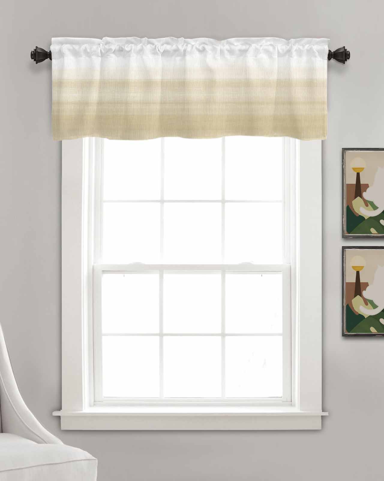 Beige White Stripes Kitchen Valances for Windows Farmhouse Linen Window Valance Curtain for Living Room Window Treatment Farmhouse Modern Gradient Lines Valance Rod Pocket Topper Drape, 60 x 18 Inch