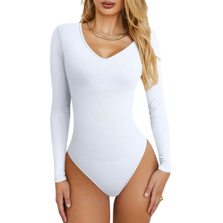 

Vigorbear Women Sexy Bodysuit Leotard Long Sleeve Bodycon Shapewear Cut Out Backless Tops Solid Color Slim Fit Jumpsuits