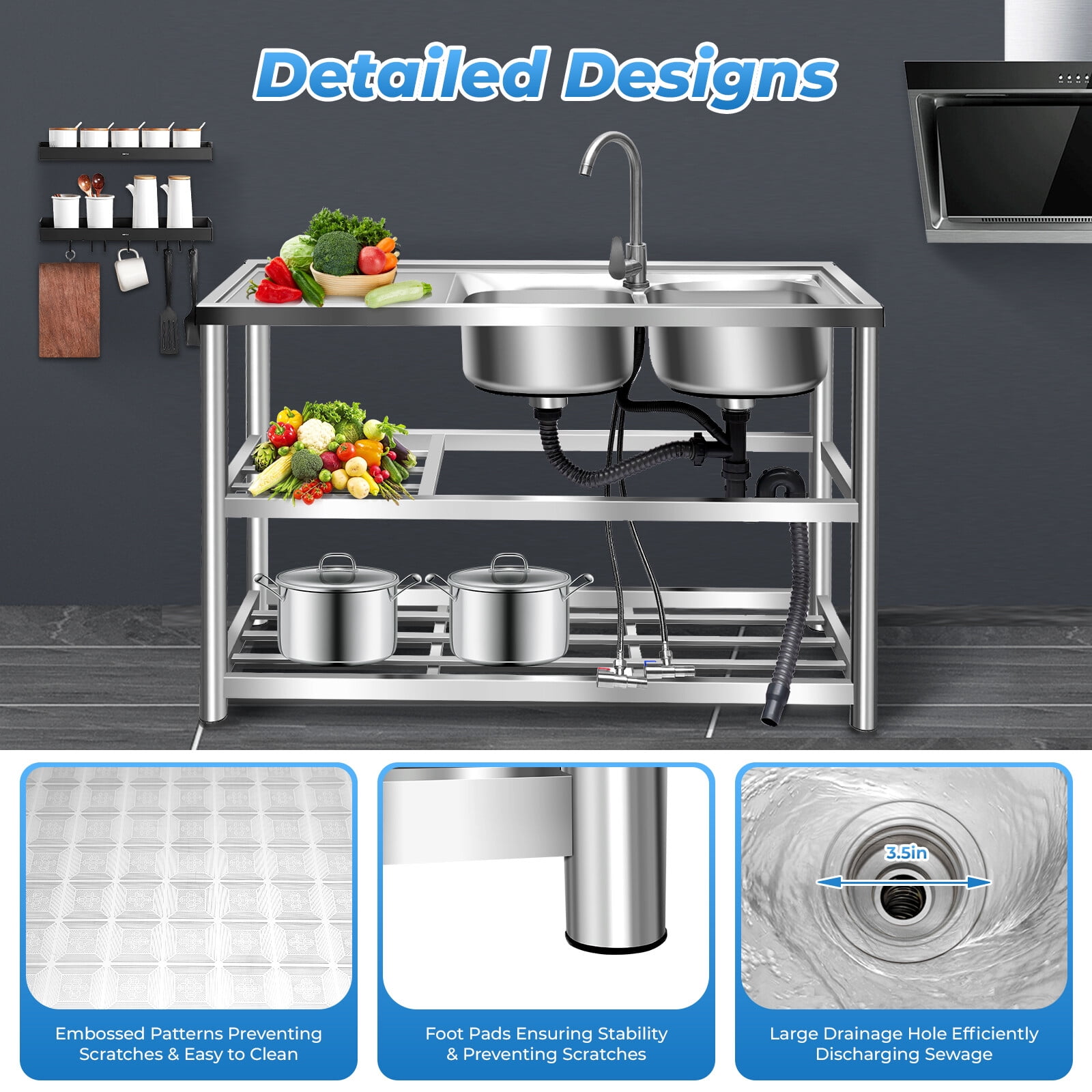 Stainless Steel Commercial Sink Kitchen Utility Sink with 2 Compartments + Prep Table