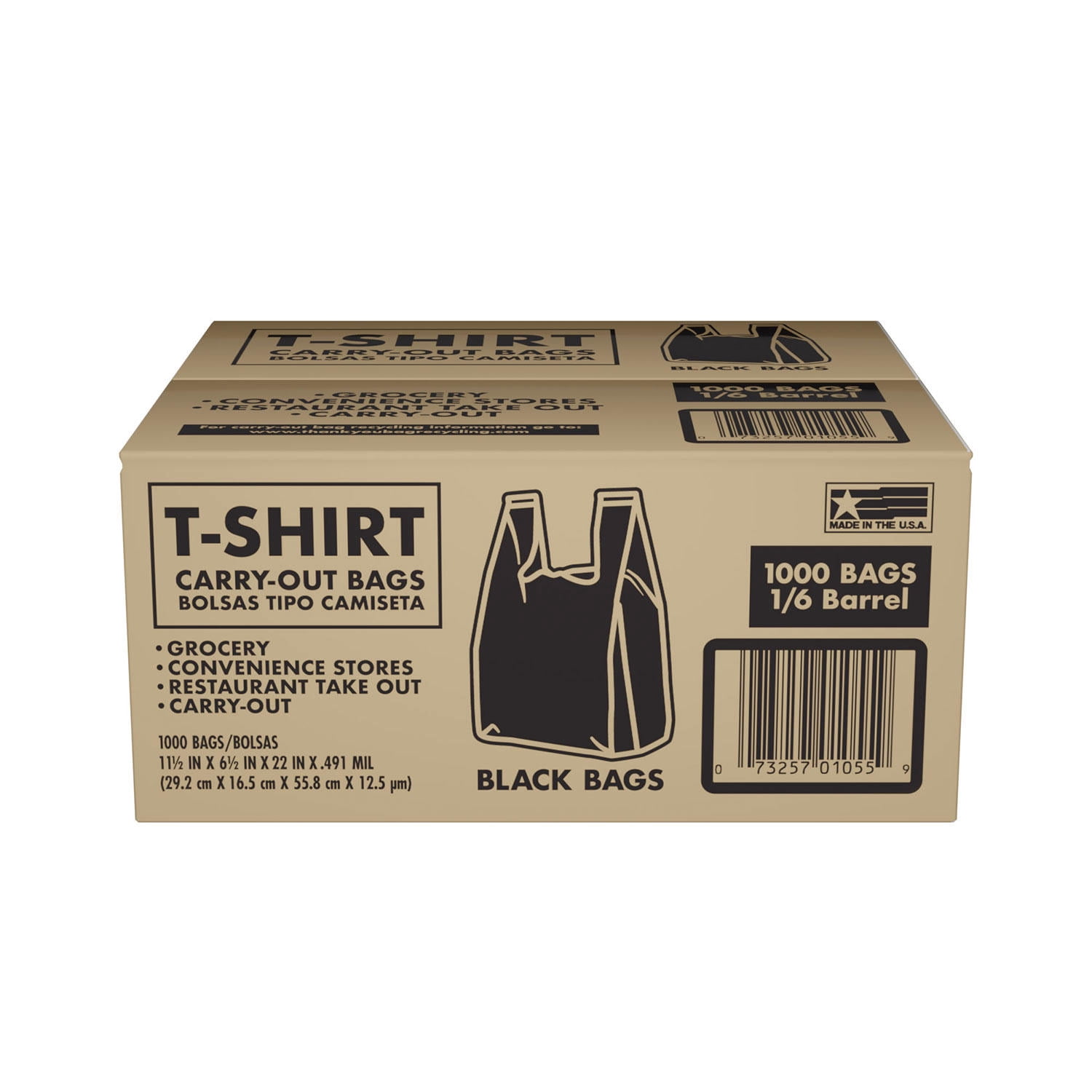 Poly America 1,000 Count Black T-Shirt Carryout Bags, 11.5" x 6.5" x 22"