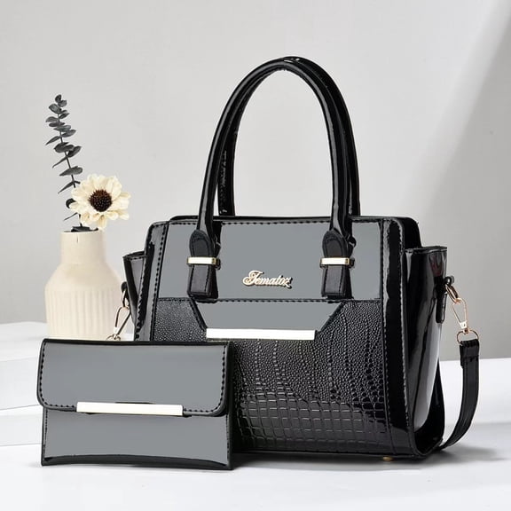 Glossy Croc Embossed Women Handbag Set, 2-in-1 Top Handle Satchel Purse with Matching Wallet, Convertible Crossbody Shoulder Bag