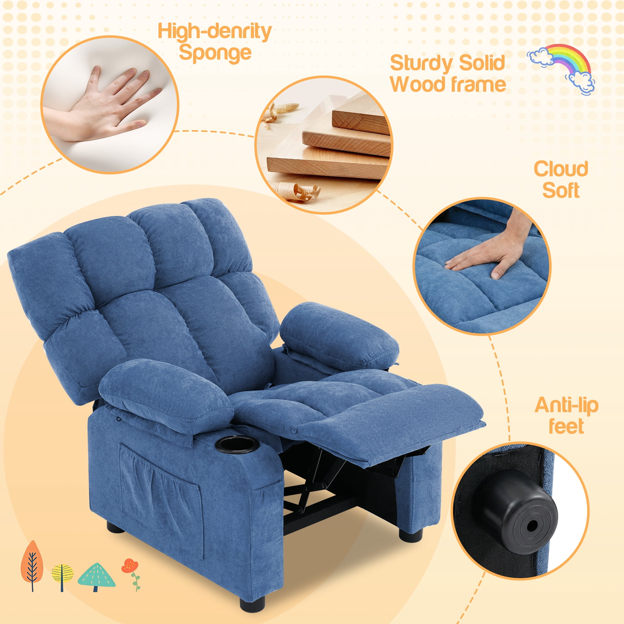 JONPONY Kids Recliner Chair,Push Back Toddler Recliner with Cup Holders & Side Pockets，Adjustable Footrest & Headrest Kids Sofa for Boys Girls 3+ Age Group，Children's Bedroom Furniture，Blue