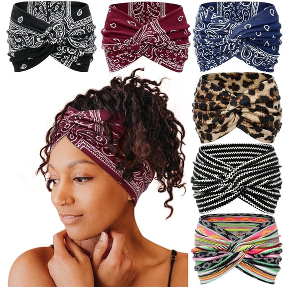 Bohemian wide headband for women, sweat absorbing and anti slip yoga headscarf, sports fitness running headband, printed wide version headband, cotton elastic headscarf, 6-pack set