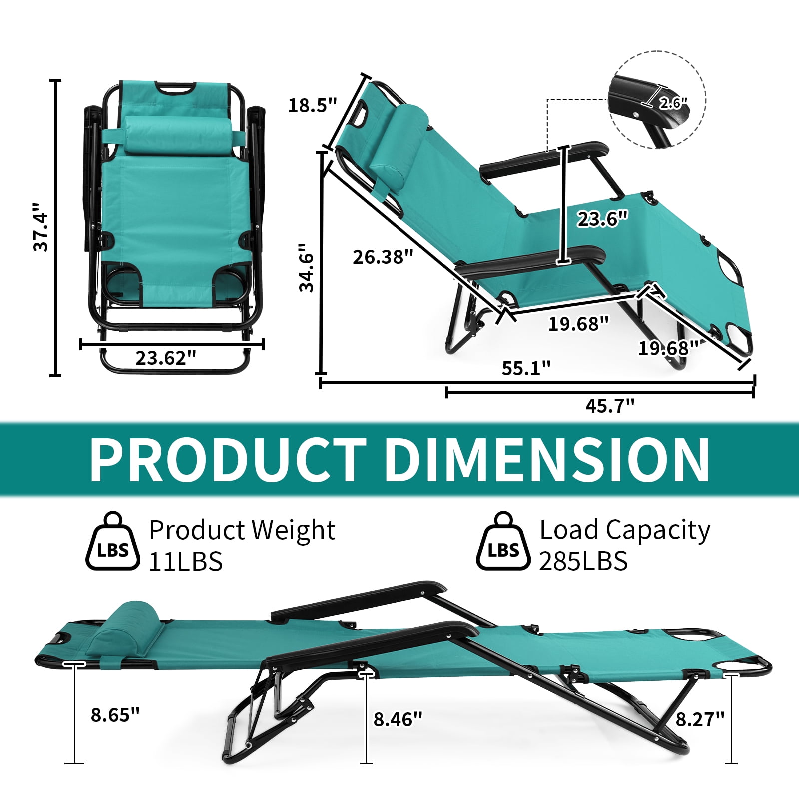 UBesGoo 2-Position Adjustable Backrest Chaise Chair, Lightweight Tanning Chair with Pillow, Sun Recliner for Indoor Outdoor - Light Green