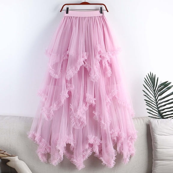 LEKWK Womens Tulle Skirt High Waisted Skirt Ruffle Skirt Maxi Skirt Asymmetrical Skirt for Wedding Guest Party Renaissance Fair Ballet Dance Wear