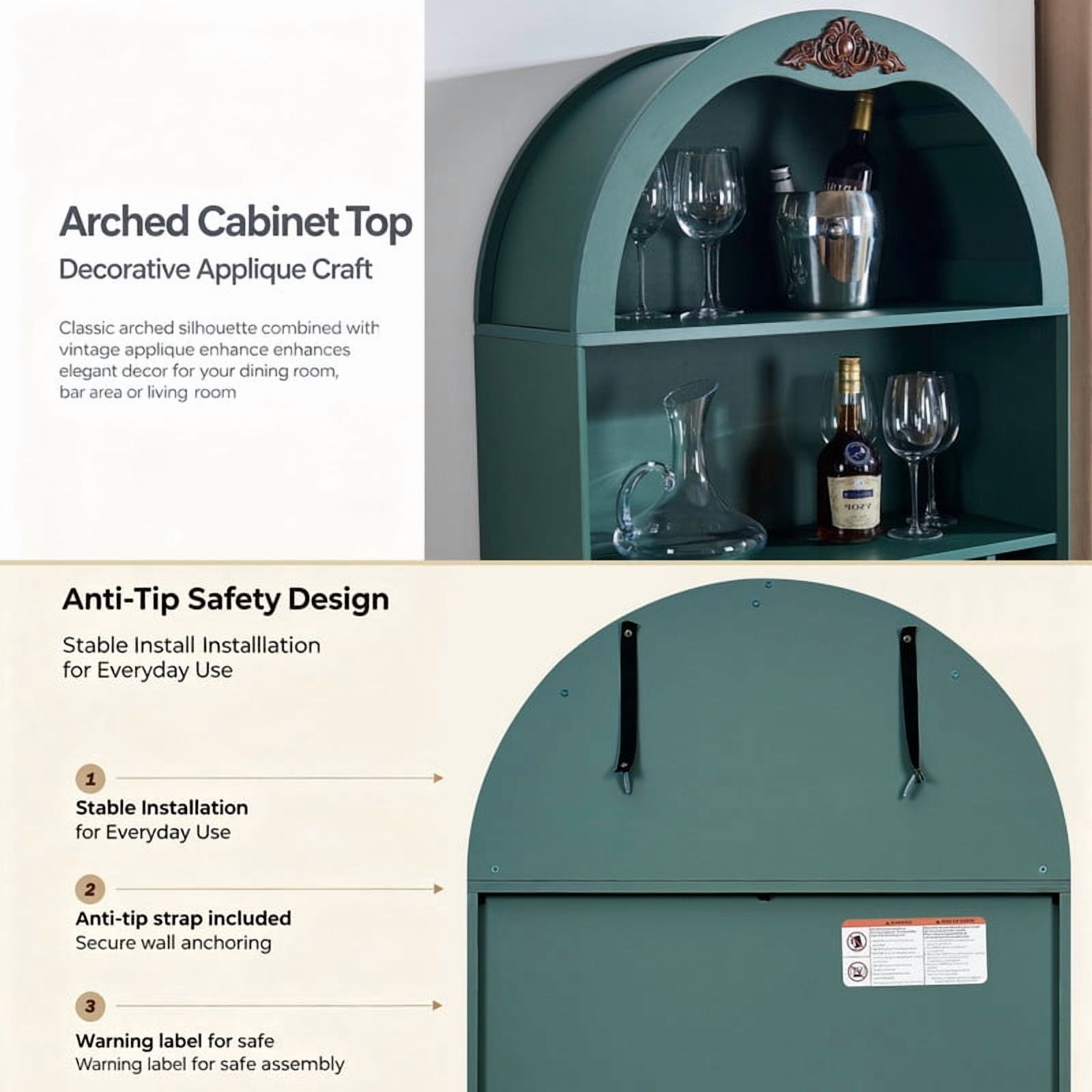 Arched Bar Wine Storage Liquor Cabinet with Removable Wine Grid, Freestanding Bookcase with Adjustable Shelves