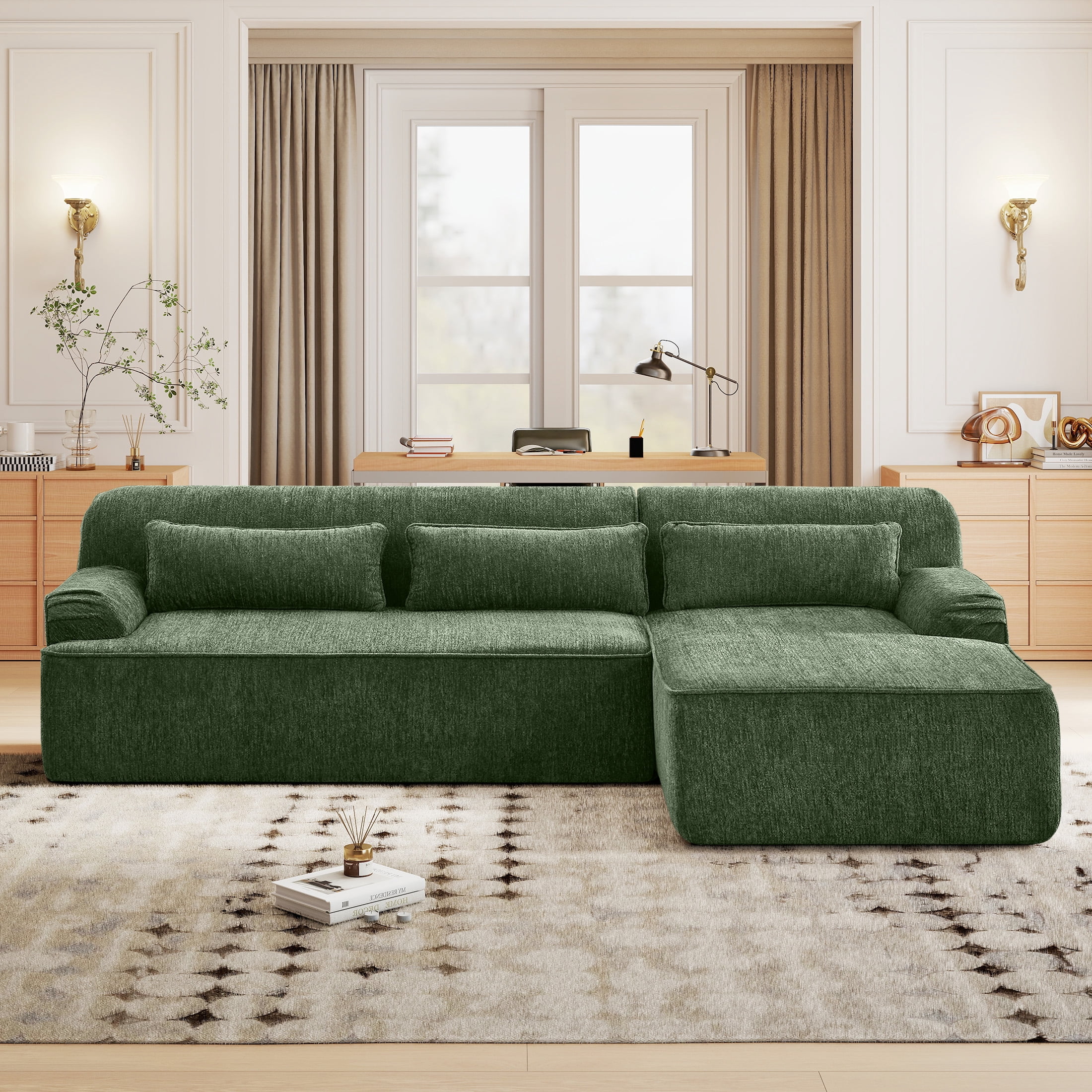 Aukfa 102.4" Chenille Modular Sectional Sofa with Right-Facing Chaise, Deep Seat Couch, No Assembly Required, Green