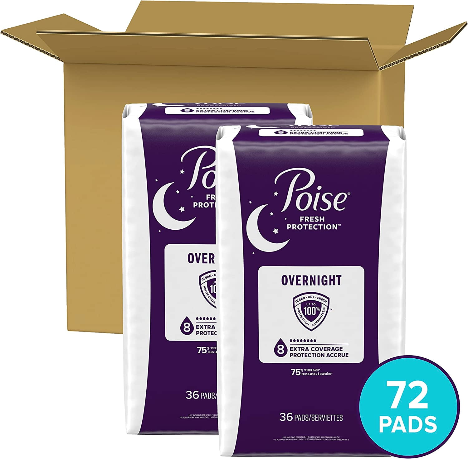 Poise Overnight Incontinence Pads for Women, Ultimate Absorbency, 72 Count  (2 Packs of 36) (Packaging May Vary)