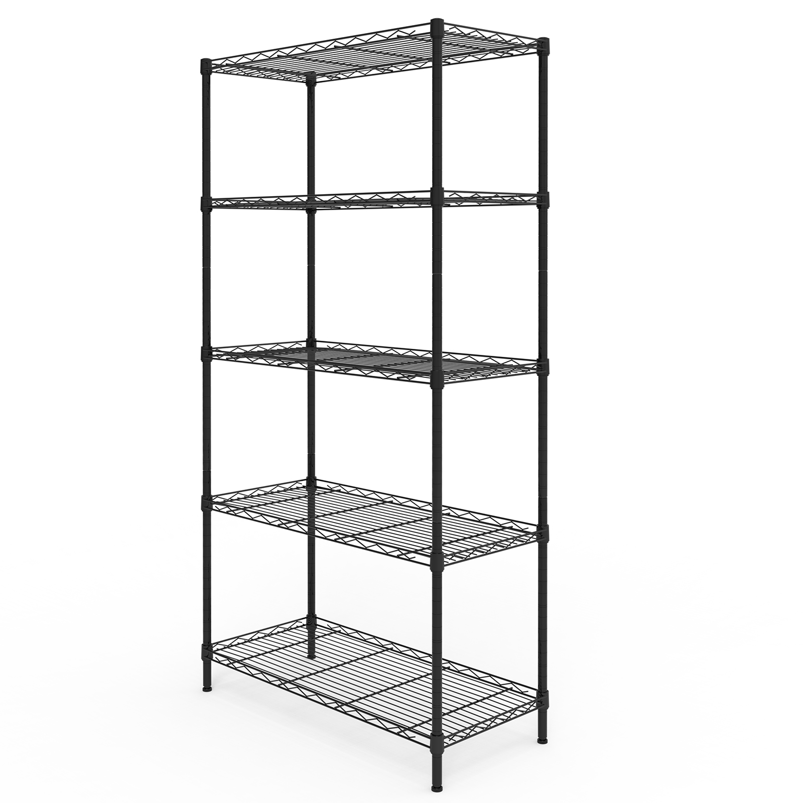 5-Tier Adjustable Display Rack Glossy Black Iron Storage Shelving Unit with Leveling Feet Vertical Organizer for Retail Home Office Garage Pantry