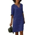 thumbnail image 1 of LUXUR Robe Tunique Midi pour Femme, Col en V, Coupe Droite, Robe d'Été, Couleur Unie, Robes T-Shirt Rétro, Manches 3/4, Bleu Foncé, TG, 1 of 2