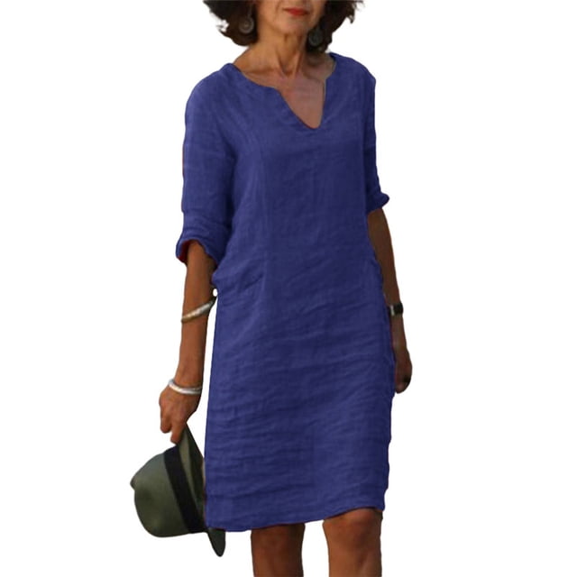 LUXUR Robe Tunique Midi pour Femme, Col en V, Coupe Droite, Robe d'Été, Couleur Unie, Robes T-Shirt Rétro, Manches 3/4, Bleu Foncé, TG