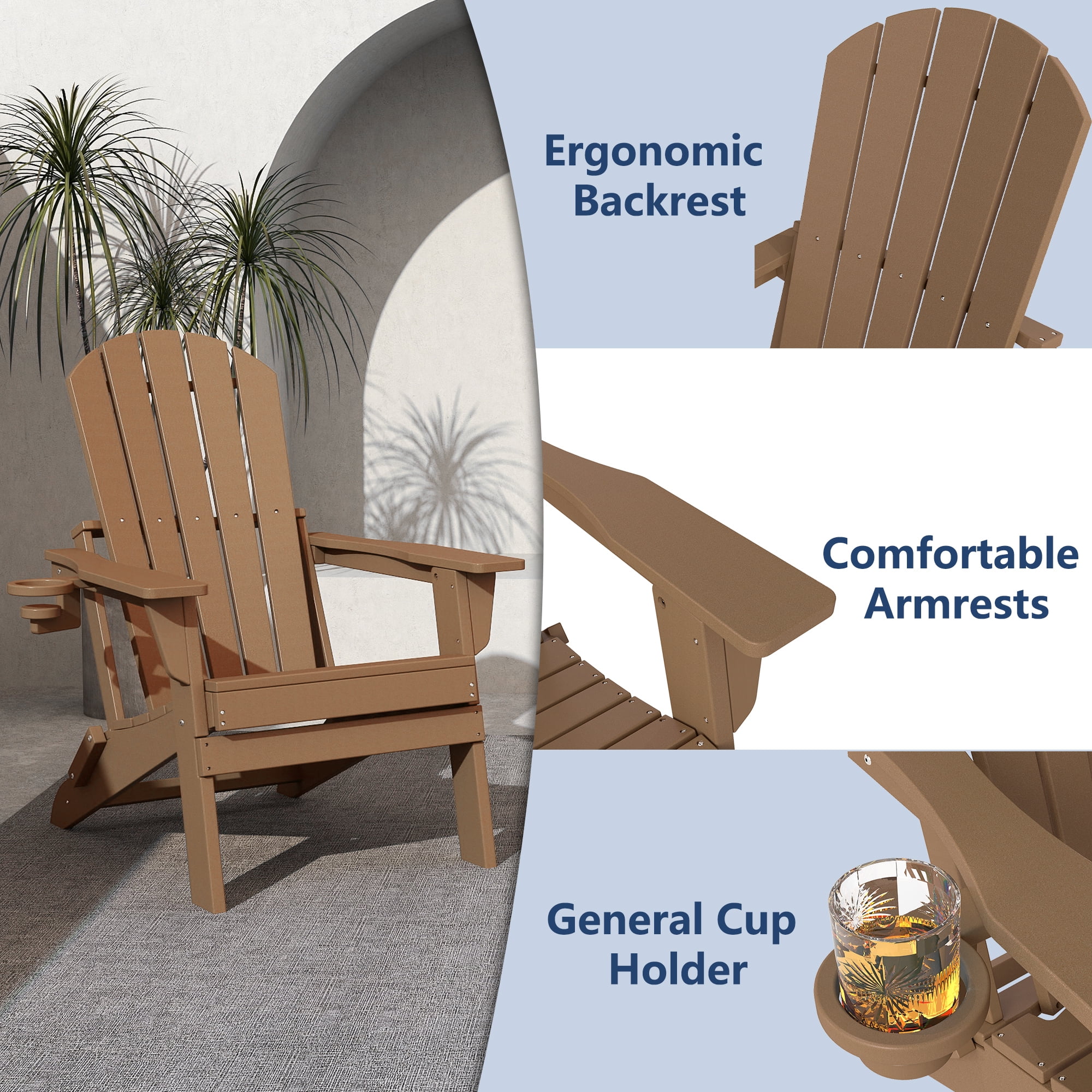 FOOWIN HDPE Folding Adirondack Chair with Cup Holder, Fire Pit Chairs Set of 6, Brown
