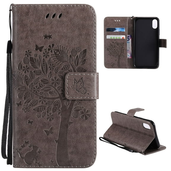 iPhone Xs Max Case, Allytech Embossed Cat & Tree Series, PU Leather Full Body Protective Defender Case Folio Flip Stand Cover With Card Holder for Apple iPhone Xs Max 6.5" 2018 Release, Gray