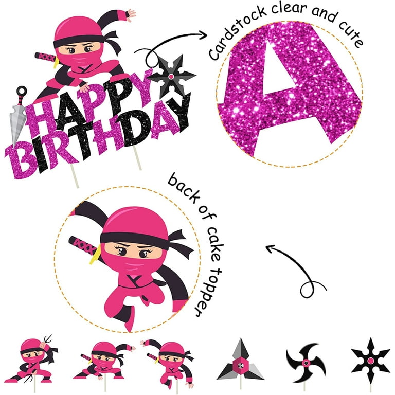 25 Pack Ninja Happy Birthday Cake Toppers Pink for Girls Warrior