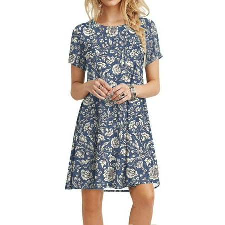 

jsaierl Summer Dresses for Women 2023 Print Boho Dress Short Sleeve A Line Dress Crew Neck Cute Dress for Beach Vacation