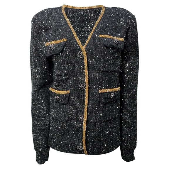 Pre-Owned Self-Portrait Embellished Single-Breasted Tweed Jacket in Black Polyester