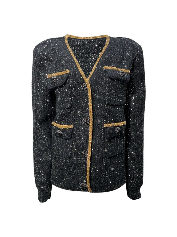 Pre-Owned Self-Portrait Embellished Single-Breasted Tweed Jacket in Black Polyester