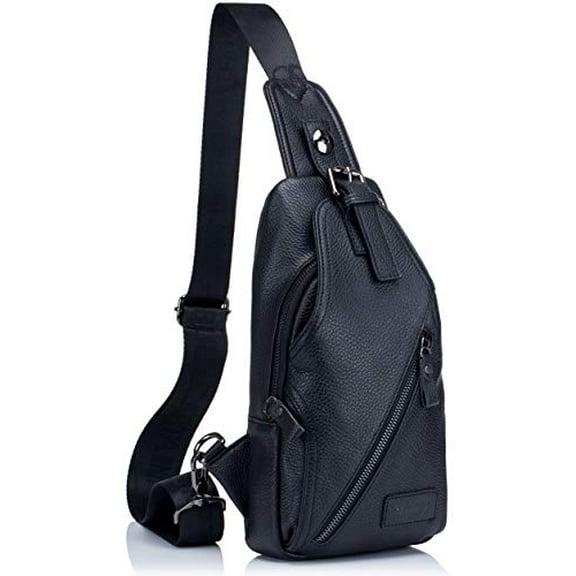 Genuine Leather Men Shoulder bag Sling Chest bag Travel Hiking Backpack Crossbody Bag (Black)