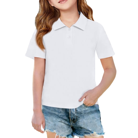 Kids Cute Polo Shirts Collar Button Short Sleeve Tops Toddler Girls Trendy Summer Shirts, White 140