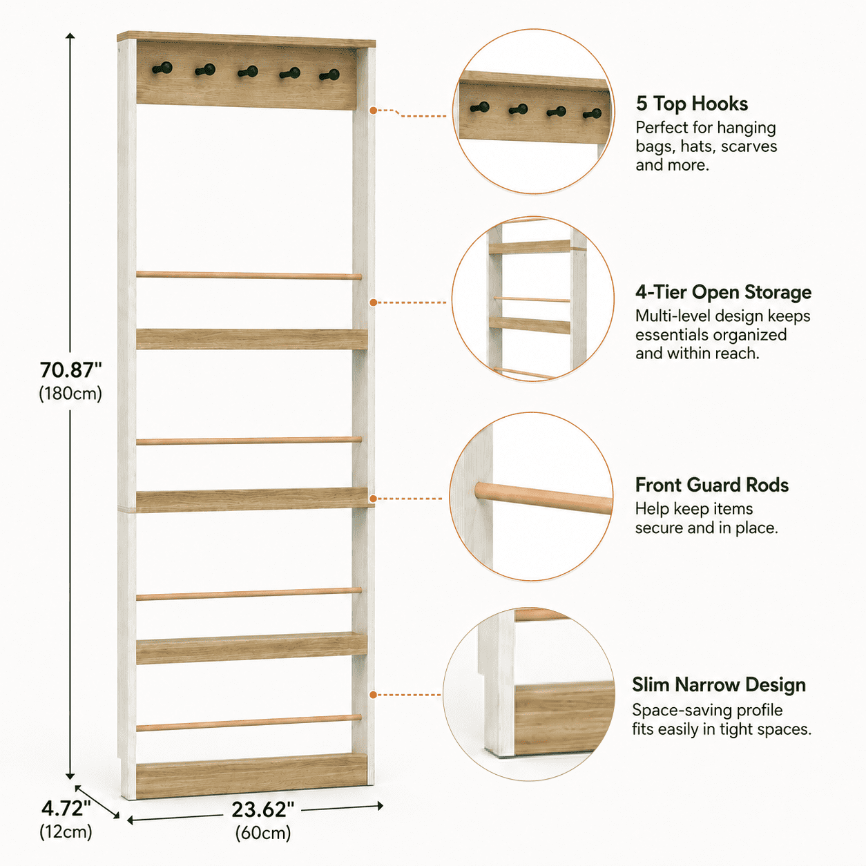 Tall Bookcase 70.87 Inch, Narrow Storage Cabinet with 5 Hooks and 4 Shelves, Space-Saving Shelf for Living Room and Kitchen, Antique White