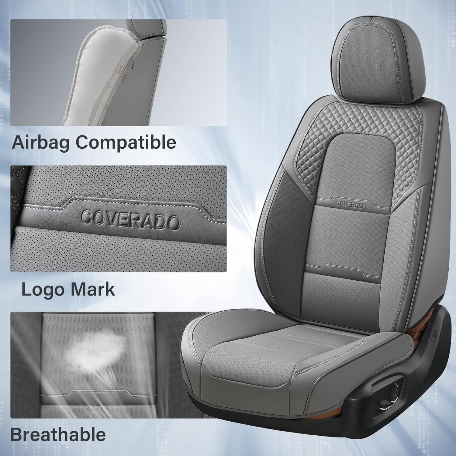 Coverado Car Seat Covers Full Set, Breathable Faux Leather Seat Protectors, Comfortable&Durable, Auto Cushion Universal Fit for Most Cars, Gray