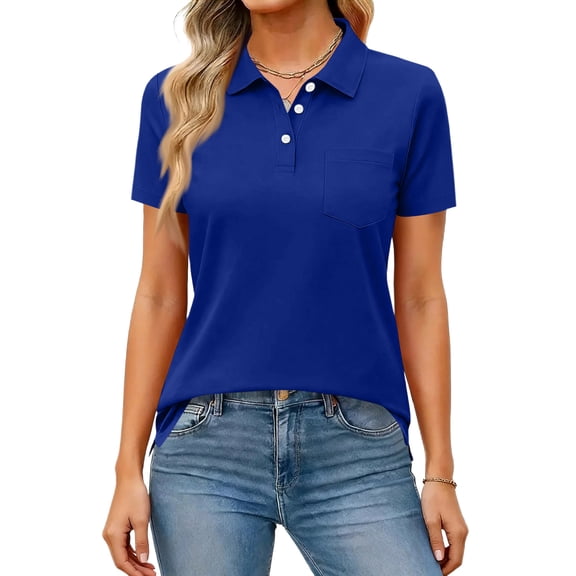 Button Down Shirts for Women Casual Lapel Short Sleeve Solid Color Shirts Tennis Golf Business Casual Polo Shirts Blue 2XL