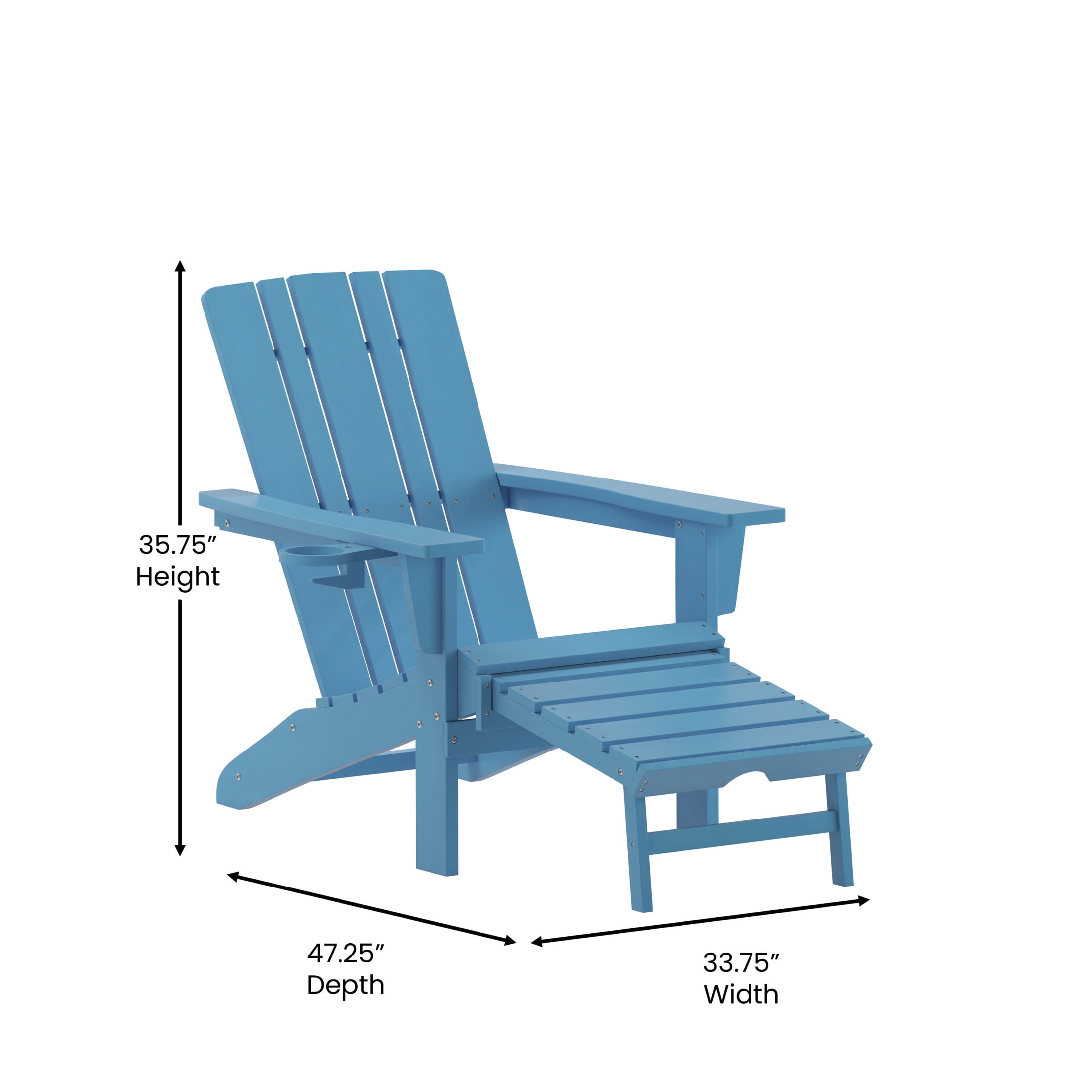 Flash Furniture Halifax HDPE Adirondack Chair with Cup Holder and Pull Out Ottoman, All-Weather HDPE Indoor/Outdoor Lounge Chair in Blue