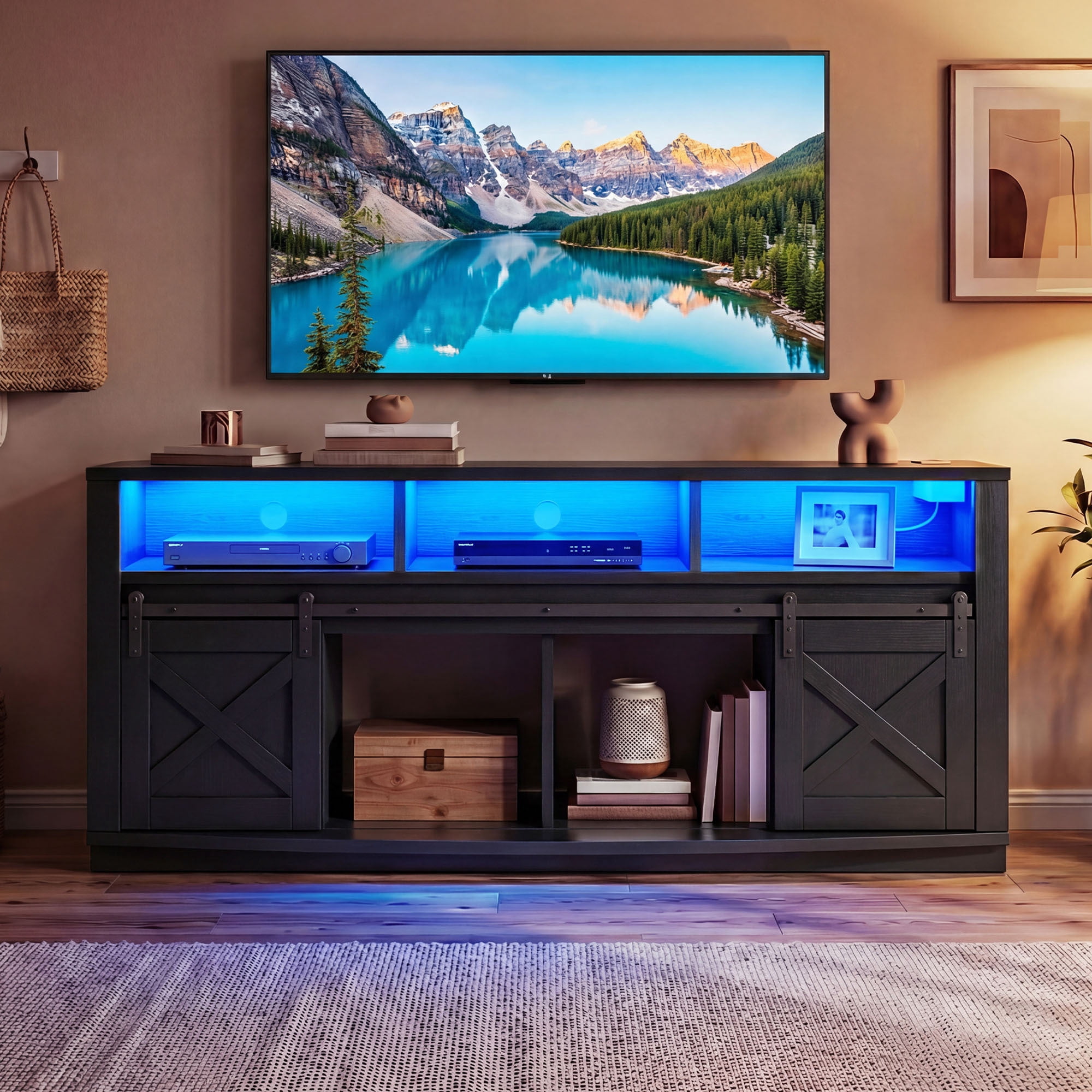 Uforic 70" TV Stand with Power Outlet & LED Lights, Curved Desktop Entertainment Center for 80" TVs, Black