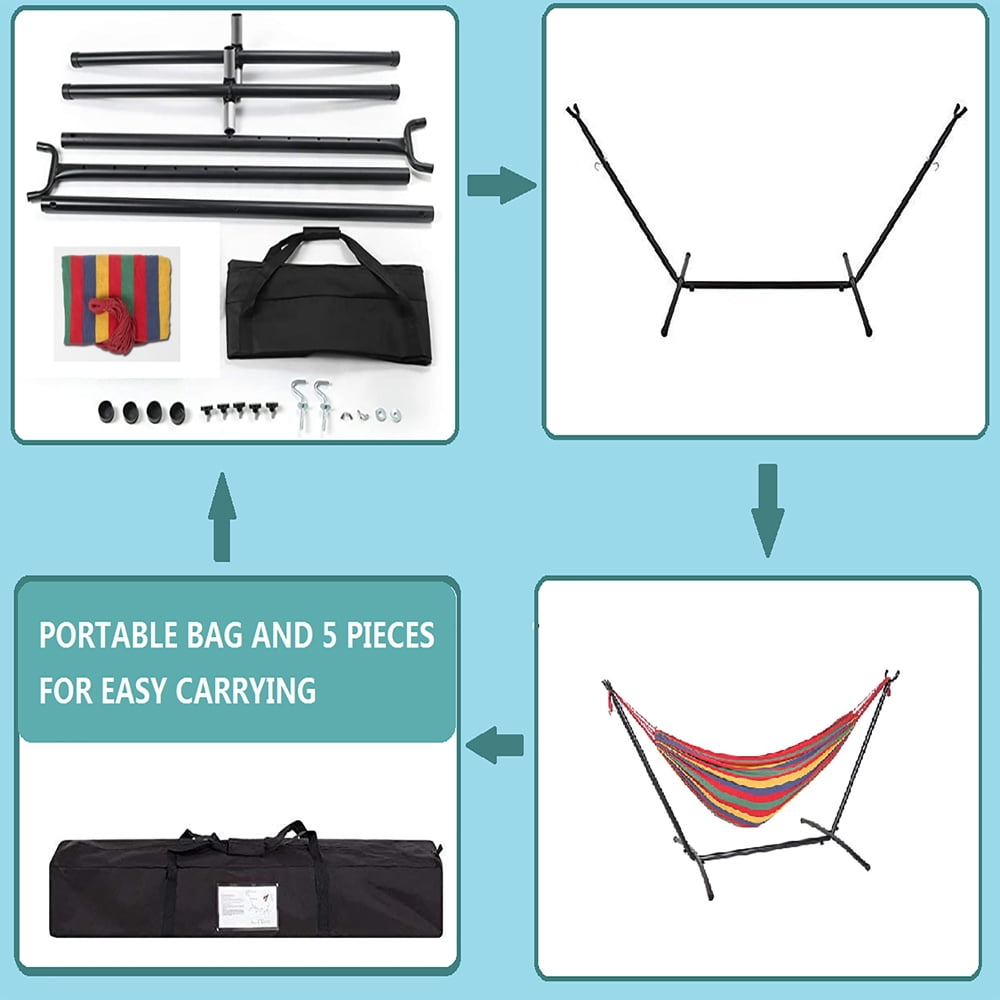 Hammock with Stand, Brazilian Style Hammock Bed with 9.3ft Heavy Duty Steel Stand and Carrying Bag, Portable Double Hammock for Patio Balcony Deck Indoor Outdoor, Max Load 450lbs, Easy Set Up, K3380