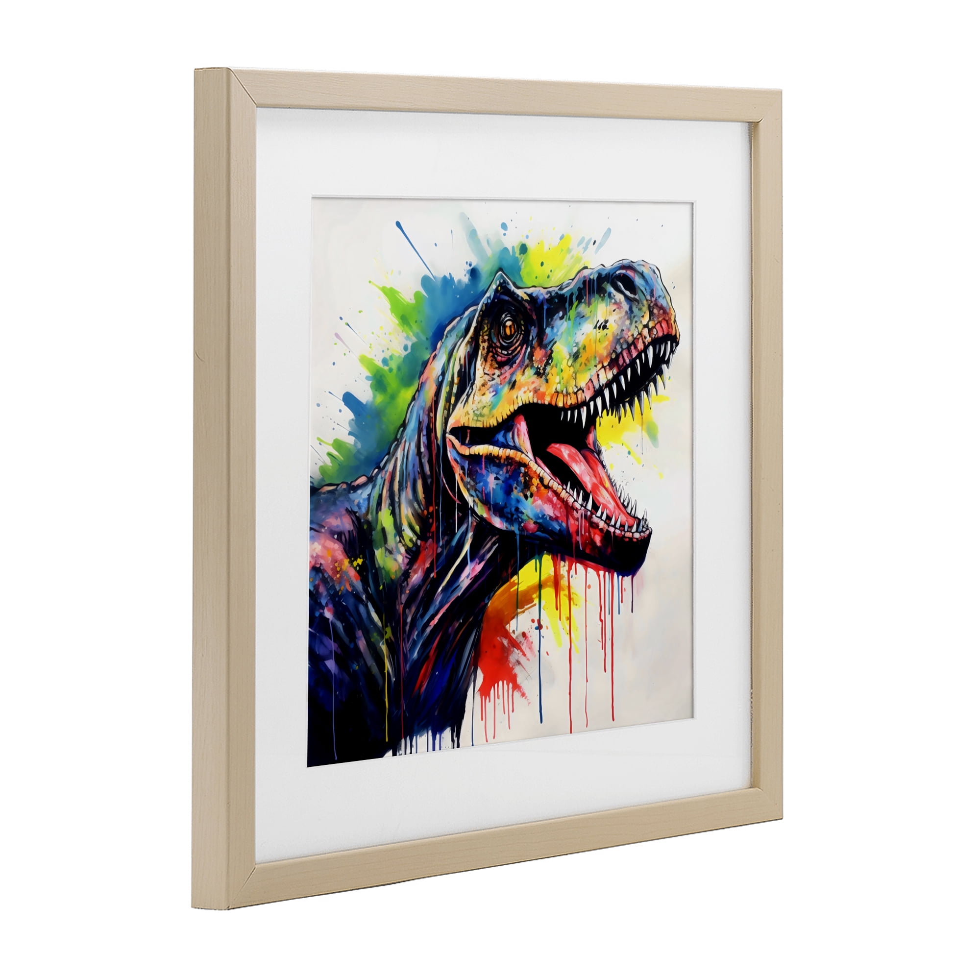 Stupell Industries Colorful T-Rex Roaring Birch Framed Print Under Glass, design by Creative Studio