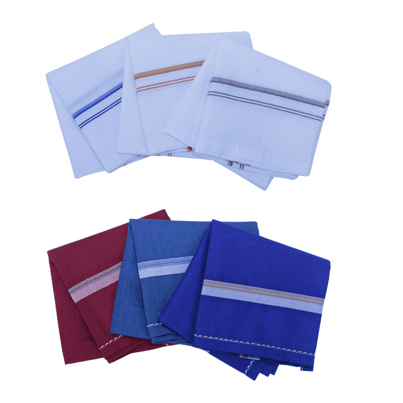 Royal Mart 06 Men's Cotton Handkerchief Set - 15+ inches, White Dark Striped, Multi-Color Handkerchief