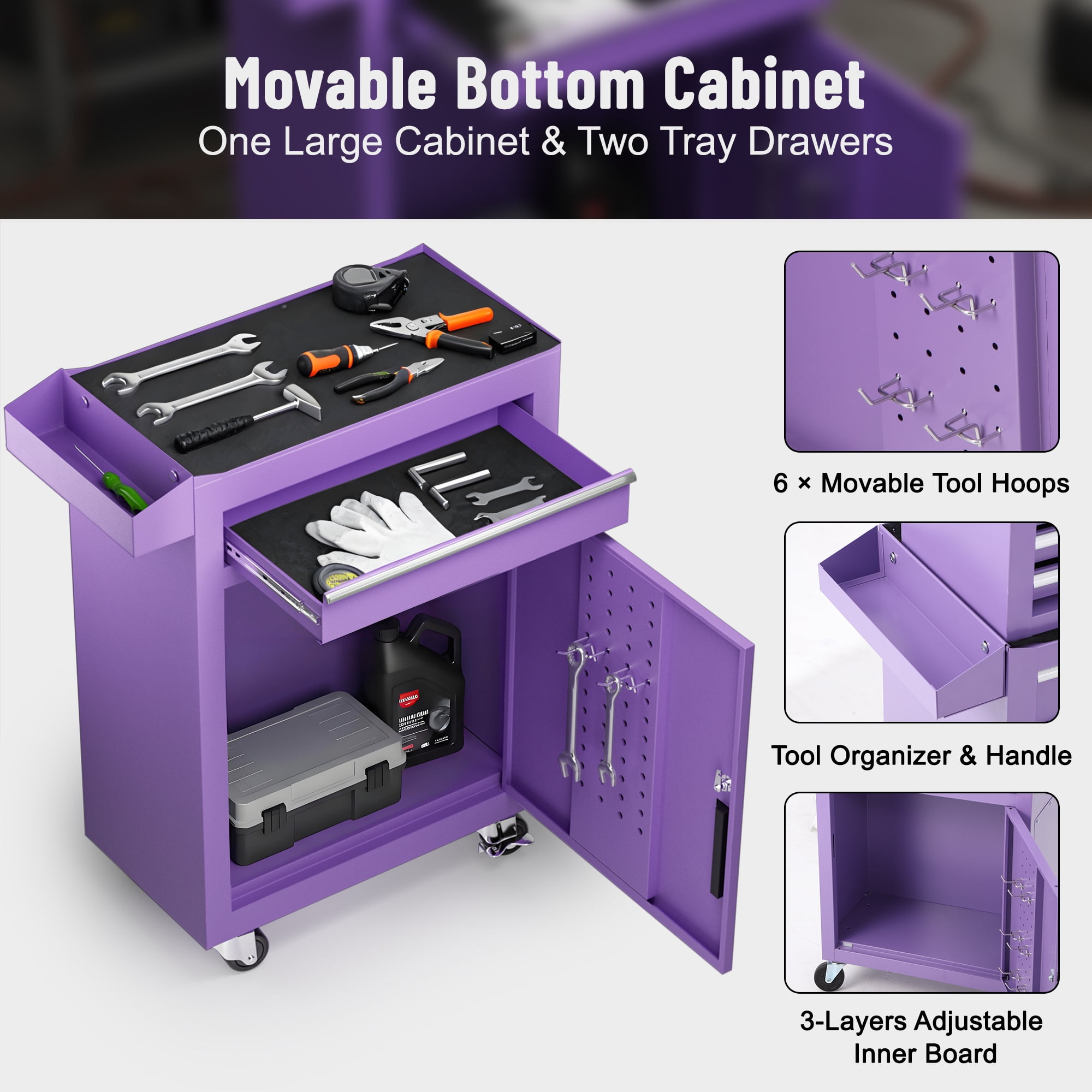 5-Drawer Tool Box, Enyopro Rolling Tool Chest, Stainless Steel Tool Box with Brake Wheels and 4 Drawers, Detachable Tool Cart, Purple