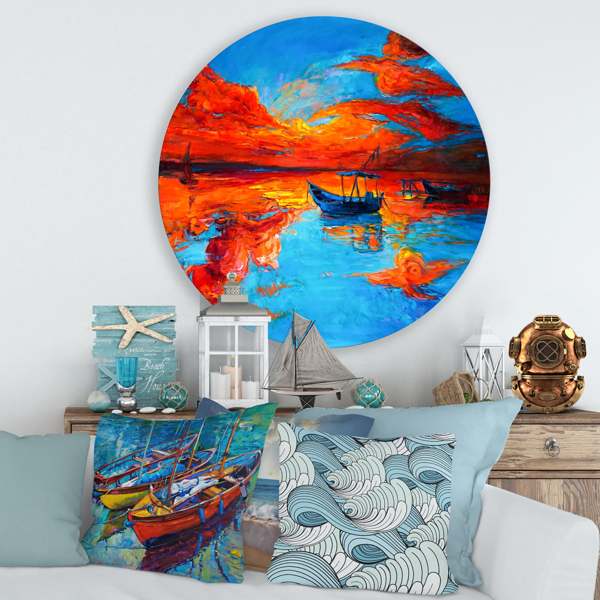 Designart 'Boats During Warm Sunset Resting On The Water VI' Nautical & Coastal Circle Metal Wall Art 29x29 - Disc of 29