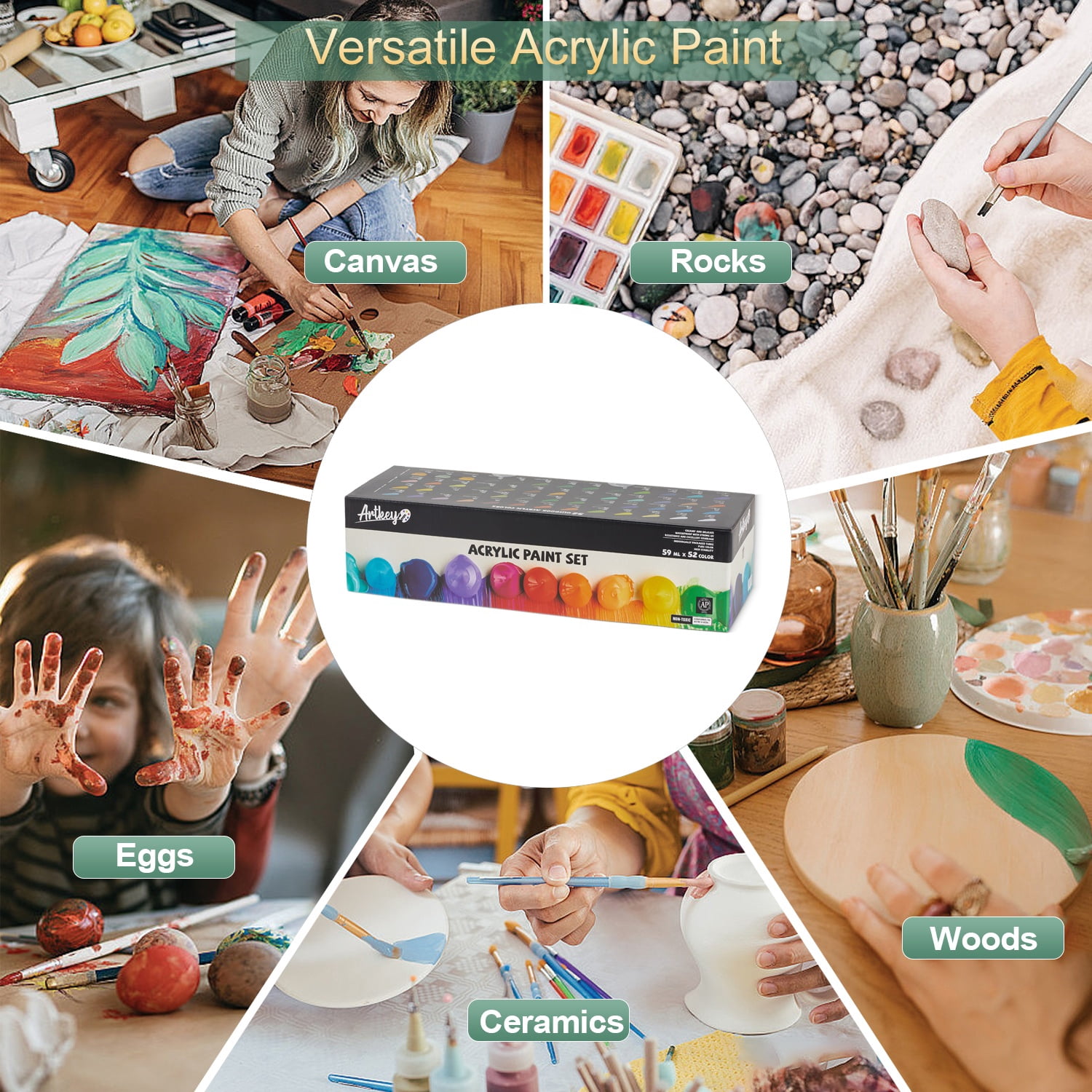 Artkey Acrylic Paint Set - 52 Colors 2 oz/59 ml Acrylic Paints Professional Artists Painting Kit for Canvases Fabric Rock Leather Easter Egg Wood Ceramic Glass