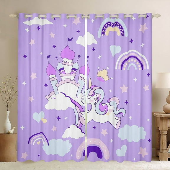 Erosebridal Unicorn Castle Curtains for Living Room,Stars Rainbow 30%-50% Blackout Curtains Set of 2 (38x45),Cartoon Animal Curtains and Drapes (38x45),Kawaii Bedroom Decoration