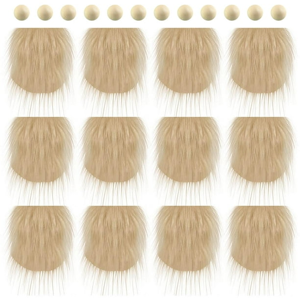 12 piezas de bolas de madera precortadas para barba de gnomo, parches de tela de piel sintética para disfraz de enano caqui