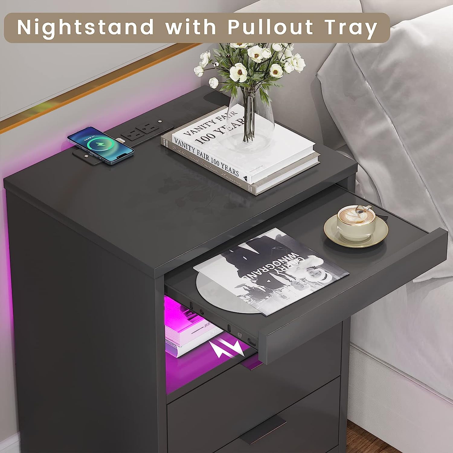 Set of 2 Black Nightstand with LED Light Strips Wireless Charging