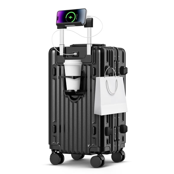 20 Inch Carry on Luggage, Lightweight Zipperless Aluminum Frame ABS/PC Hard Shell Suitcase with Cup Holder, TSA Lock & 360° Spinner Wheels for Travel