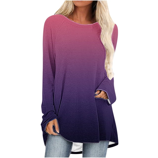 Diufon Plus Size Tunics for Women Round Neck Long Sleeve Tops Trendy Gradient Printed Blouses