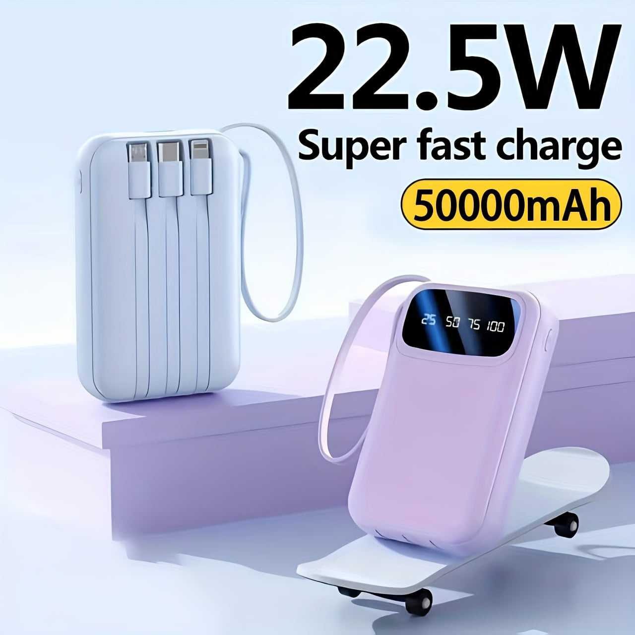 50000mAh Power Bank with 4 Cables, LED Display, Fast Charging for iPhone/Android Phones, Digital Devices, Outdoor Emergency Portable Battery Pack Gift