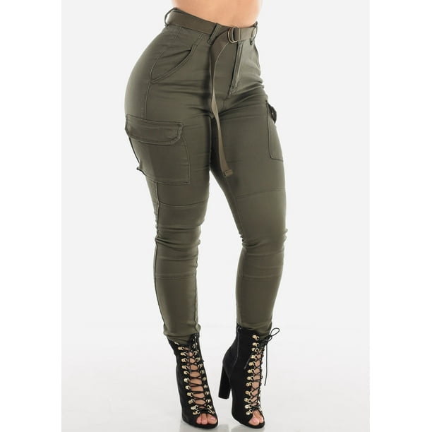 Moda Xpress - Womens High Waisted Cargo Pants Olive With Belt 10199B ...