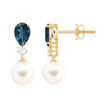 Rosec Jewels London Blue Topaz and Freshwater Pearl Drop Earrings with Moissanite - AAA Grade, 14K Yellow Gold