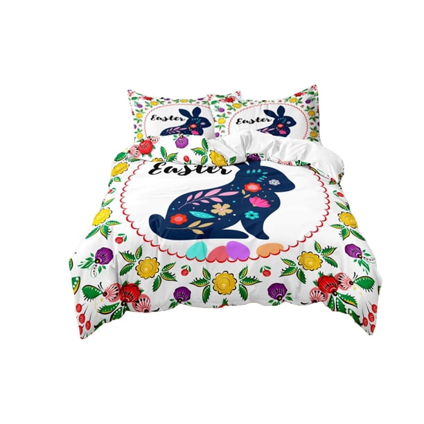 Conjunto de Edredón Y Cubierta de Edredón 3 Piezas Pascua Temática Ropa de Cama 180x200cm con Patrones de Huevo de Conejos, Fundas de Almohada, Tela Suave, Decoración de Huevo de Pascua
