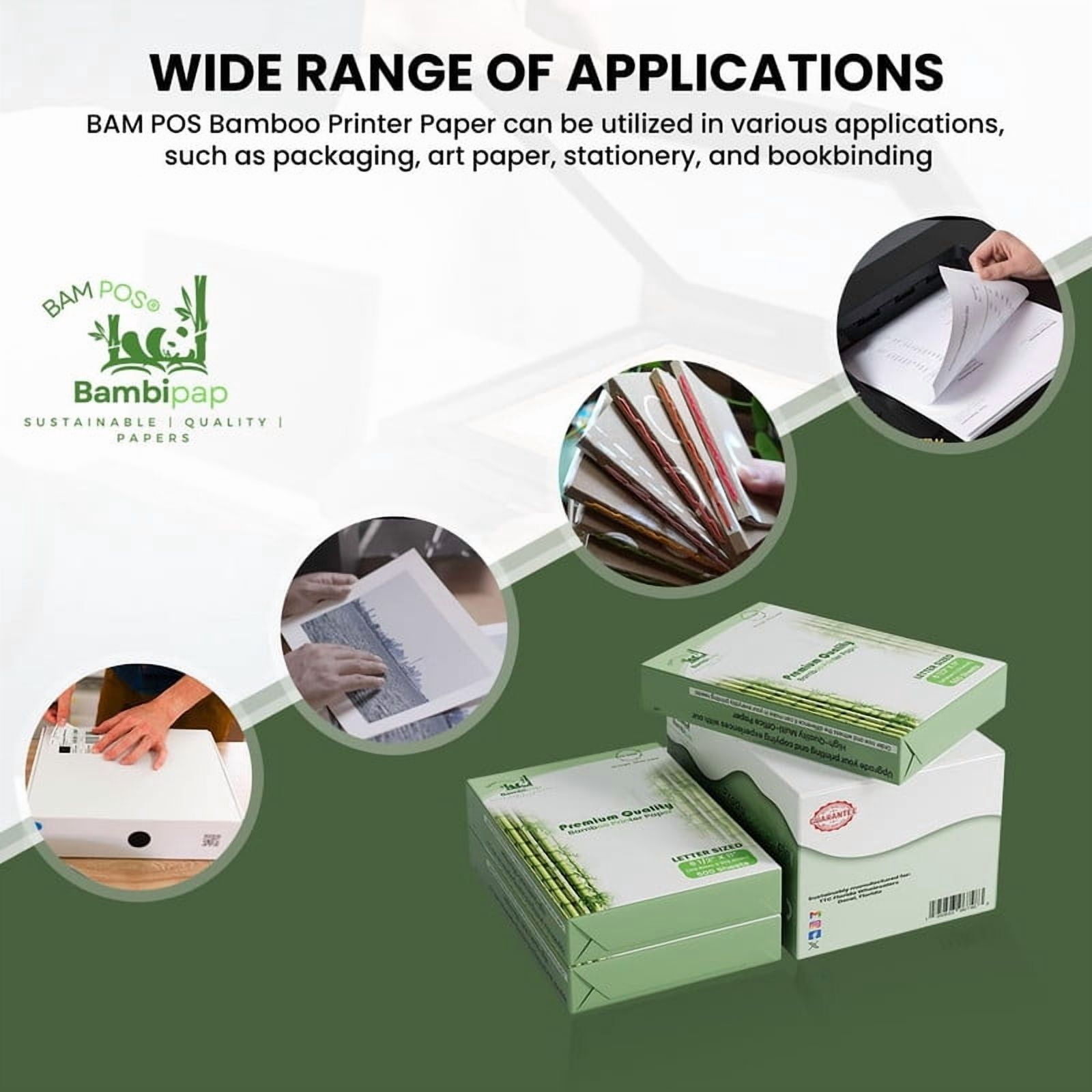BAM POS Bamboo Printer Paper - 8 1/2” x 11”- 20LB Multipurpose White Paper - Made from Bamboo Fiber - 3 reams (1500 Sheets)