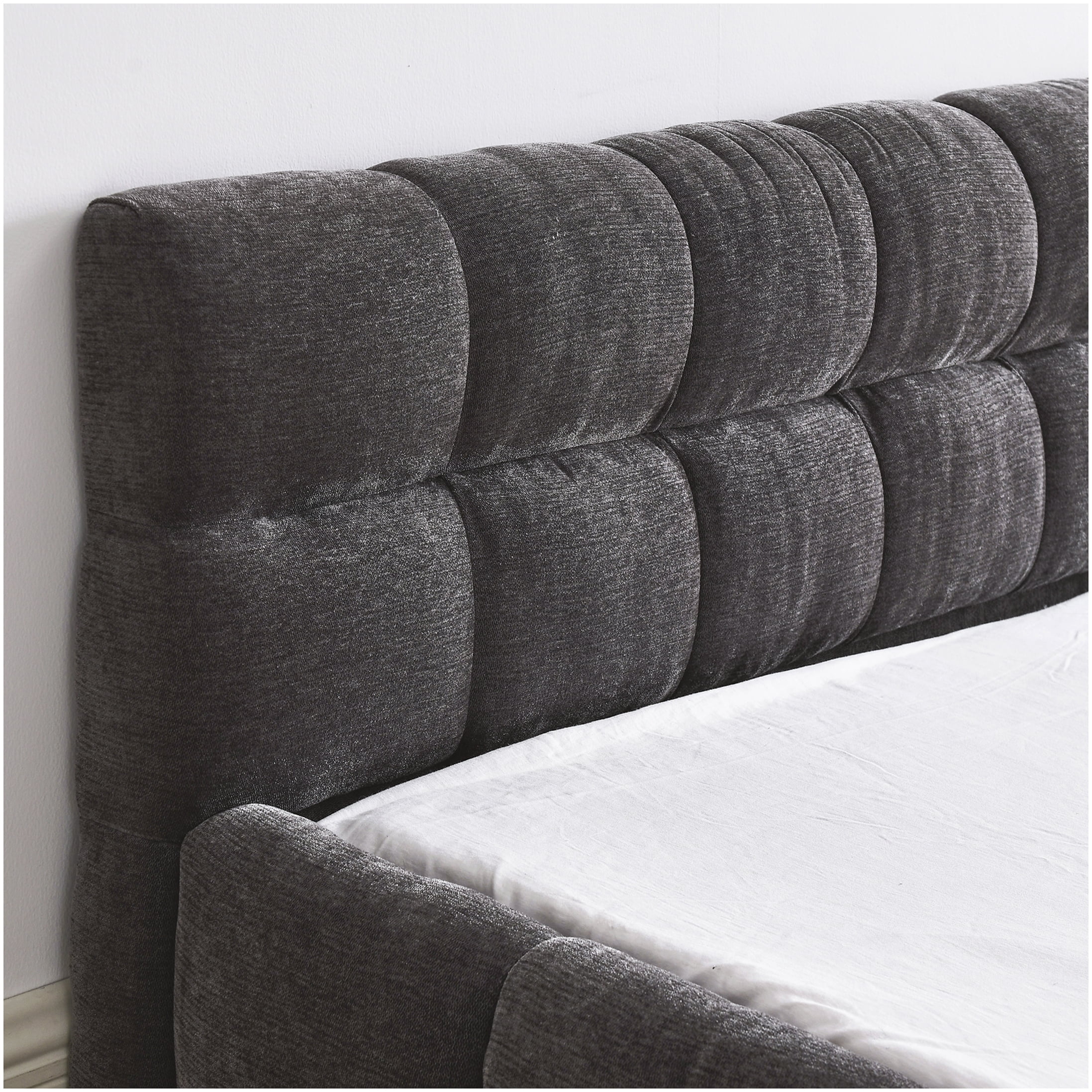 Modern Upholstered Queen Bed Frame with Headboard, Dark Grey Chenille Fabric, Sturdy Platform Base, No Box Spring Needed
