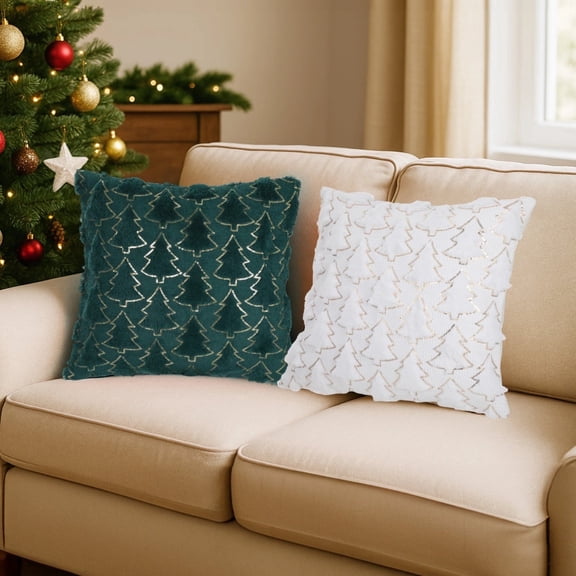 4 Pcs Christmas Pillow Covers, Soft Plush Throw Pillow Case, Christmas Tree Decorative Pillow Covers, Holiday Decor, White & Green, Polyester 17.7 x 17.7 in